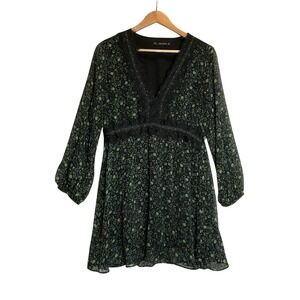 Zara Basics Floral Mini‎ Dress Studded Trim Long Balloon Sleeve Dark Ditsy Boho